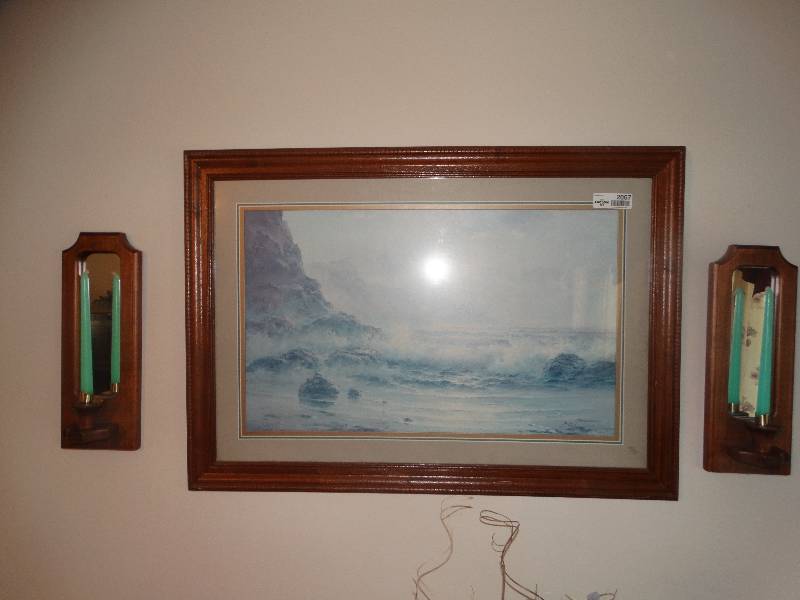 lot 2067 image: Framed Ocean Print & 2 Wall Mirror Candle Sconces.