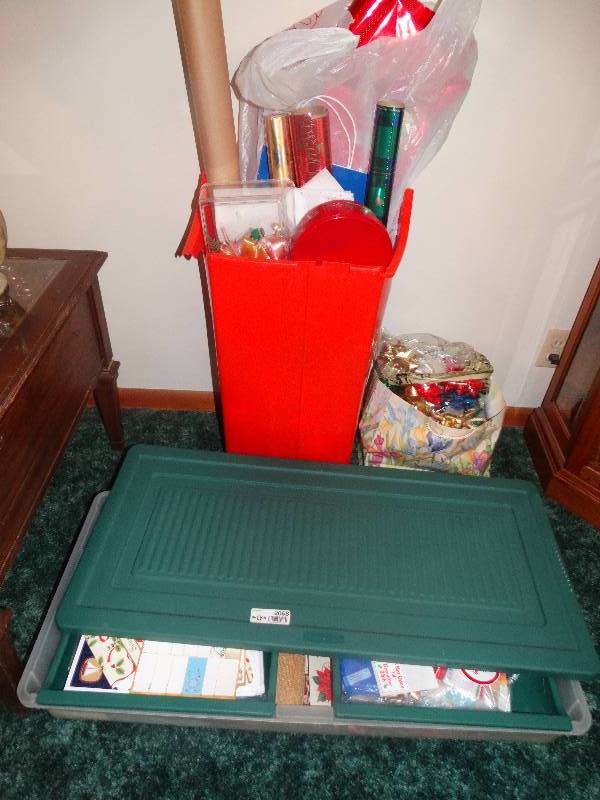 lot 2068 image: Large Lot of Gift Wrap, Bows, Ribbon, includes tubs.