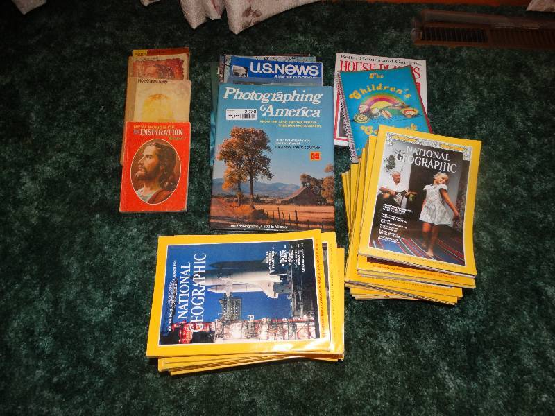 lot 2070 image: Travel Books, Inspiration Songbooks, Childrens Cookbook, & Large Lot of National Geographic Magazines.