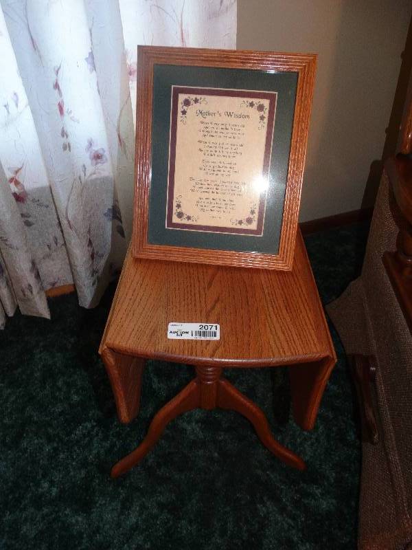 lot 2071 image: Small Oak Drop-leaf Side Table wFramed Mothers Wisdom.