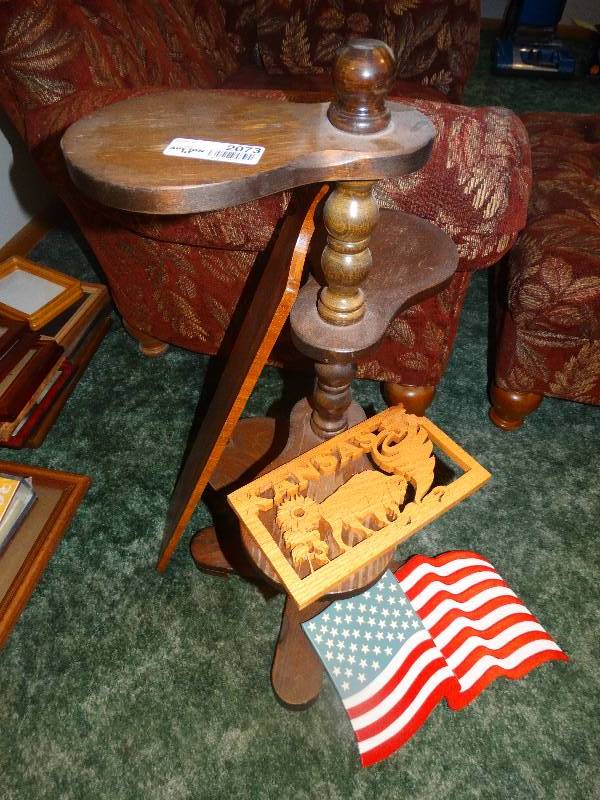 lot 2073 image: Wood Plant Stand, US Flag & Kansas Wall Art, Wood Paddle.