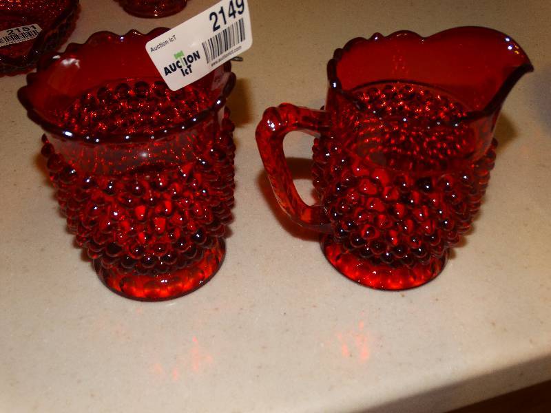 lot 2149 image: Ruby Hobnail Glass Cream & Sugar.