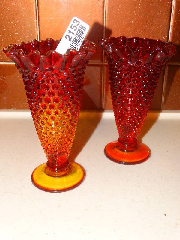 lot 2153 image: Pair of Amberina Hobnail Glass Fluted Trumpet Vases - Possibly Fenton.