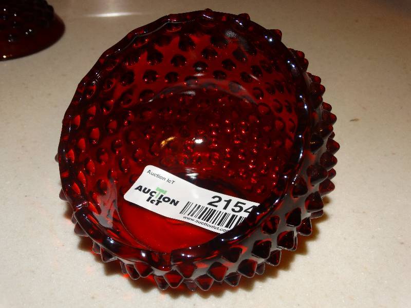 lot 2154 image: Fenton Ruby Red & Amberina Hobnail Glass Ball Ashtray - Small pit.