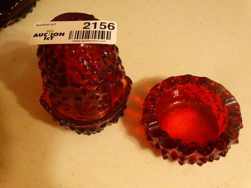 lot 2156 image: Fenton Small Ruby Red Hobnail Ashtray & Small Fenton Ruby Red Amberina 2 pc Fairy Lamp.