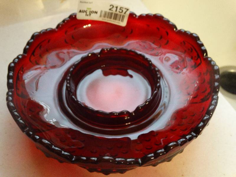 lot 2157 image: Fenton Ruby Red Hobnail Glass Large 9 Round, Ruffled Edge Ashtray.