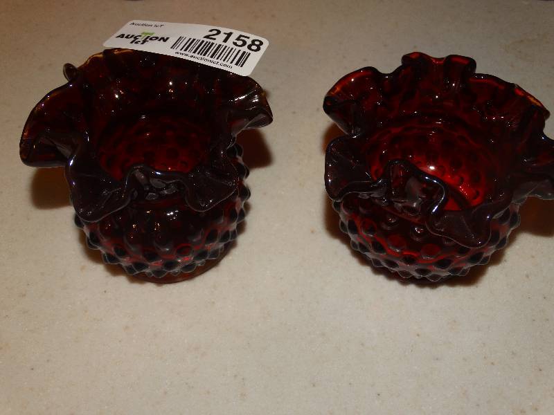 lot 2158 image: Pair - Fenton Ruby Red Amberina Hobnail Glass Fluted, Ruffled Edge Small Vases - 3 Tall.
