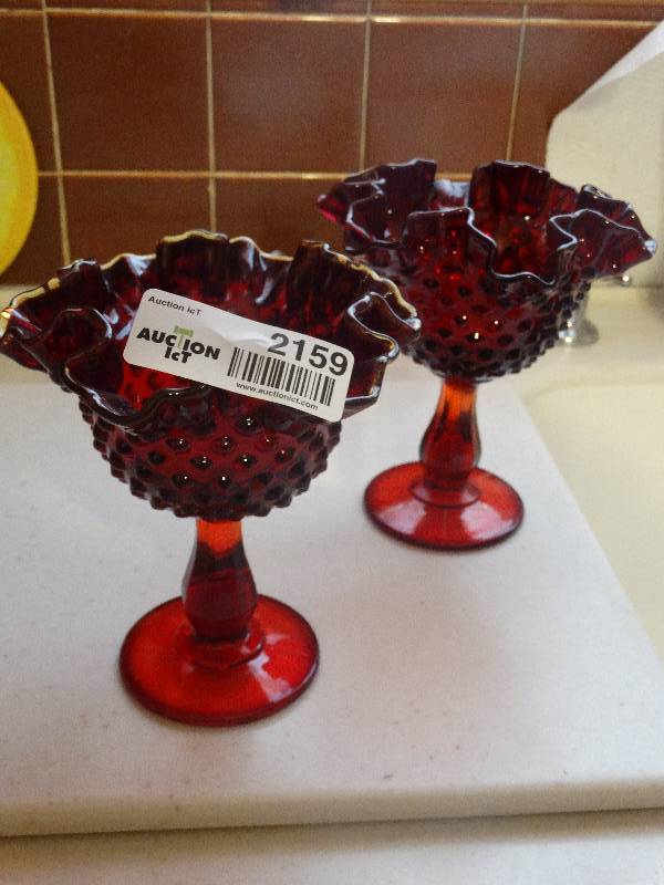 lot 2159 image: Pair - Fenton Ruby Red Amberina Ruffled Hobnail Glass Pedestal Candy DishCompote.  6 12 Tall x 6 Wide.