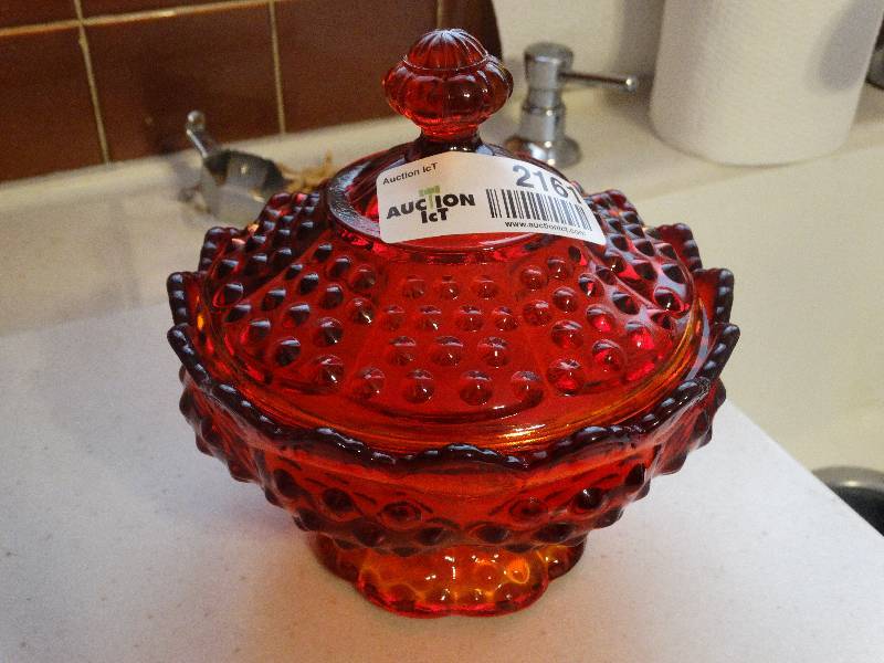 lot 2161 image: Fenton Ruby Red Amberina Hobnail Glass Lidded Candy DishCompote.