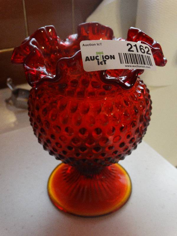 lot 2162 image: Fenton AmberinaRuby Red Large Fluted Hobnail Glass Pedestal Ball Vase.
