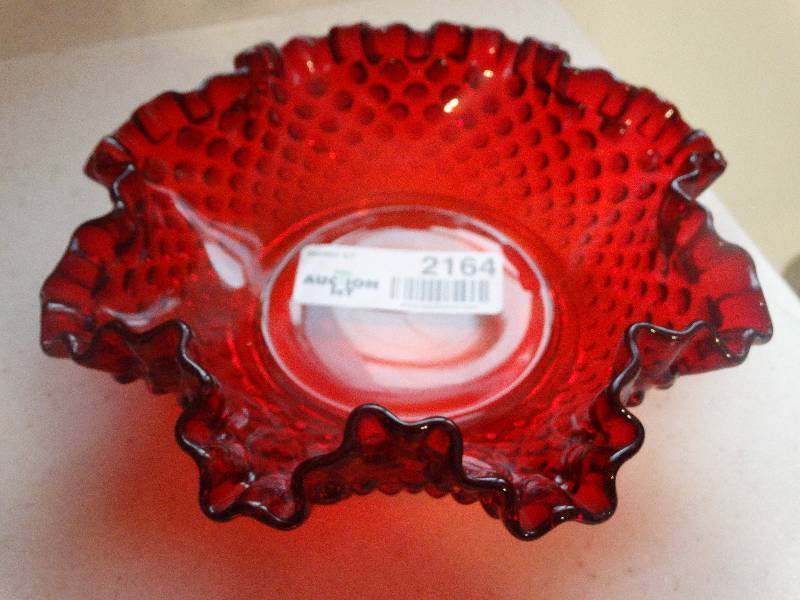 lot 2164 image: Ruby Red Hobnail Glass CrimpedFluted Candy Dish - Possibly Fenton.