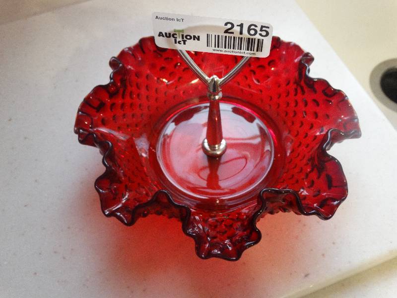 lot 2165 image: Fenton Ruby Red Hobnail Glass CrimpedFluted Candy Dish.