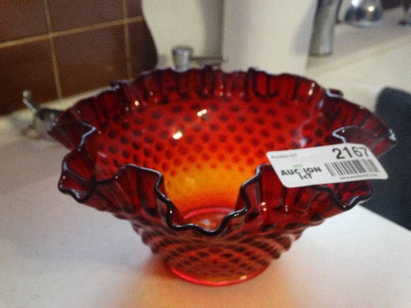 lot 2167 image: Fenton Ruby Red Amberina CrimpedFluted Hobnail Glass Bowl.