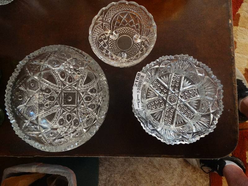 lot 2168 image: 3 Clear Pressed Glass Candy Dishes.