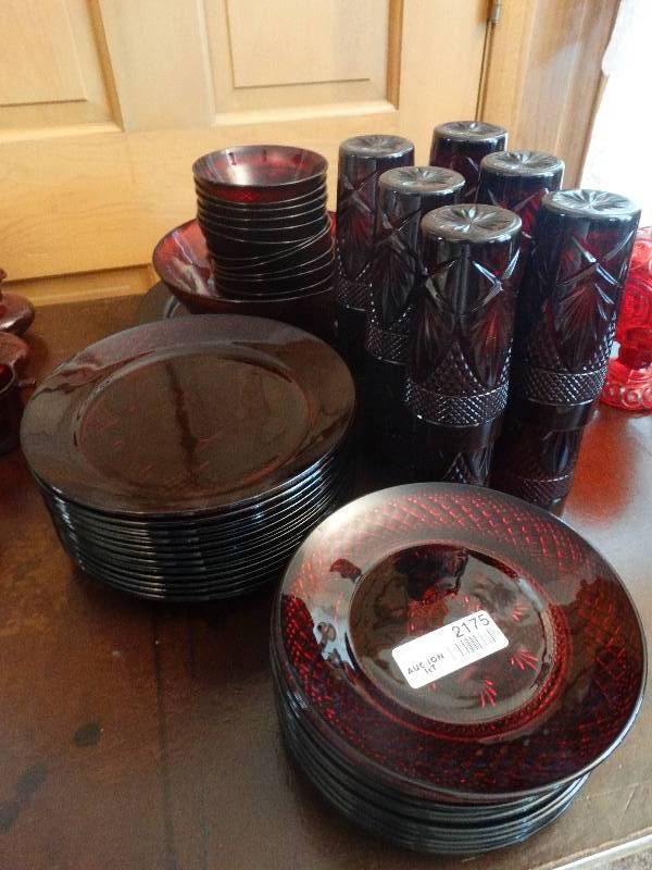 lot 2175 image: 50 pc. Set - Cris dArques Durant Luminarc Ruby Red Pressed Glass Dinnerware.