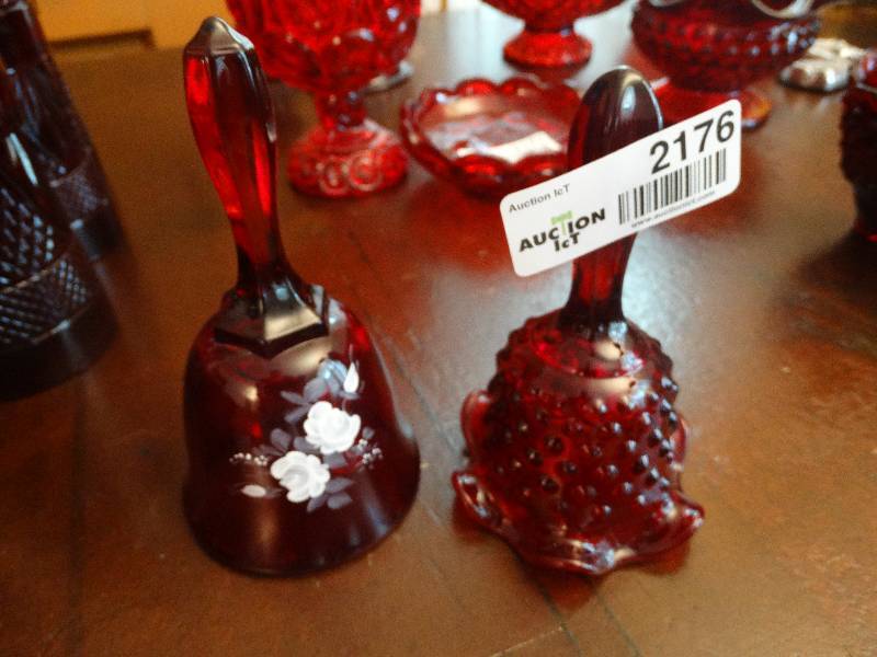 lot 2176 image: 2 Ruby Glass Bells - Possibly Fenton. 1 Hand-painted.