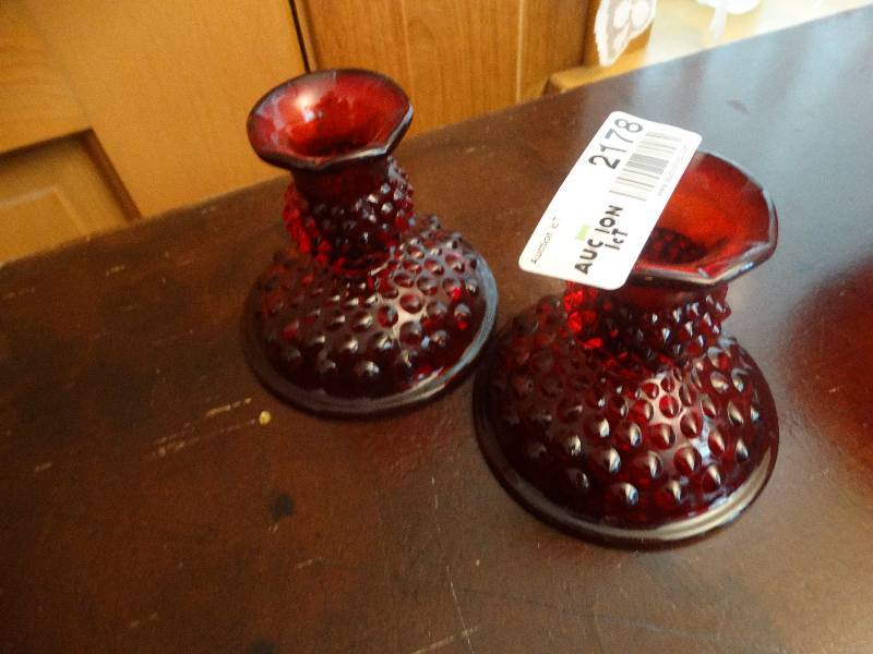 lot 2178 image: Ruby Red Hobnail Glass Short Candlesticks - Possibly Fenton.