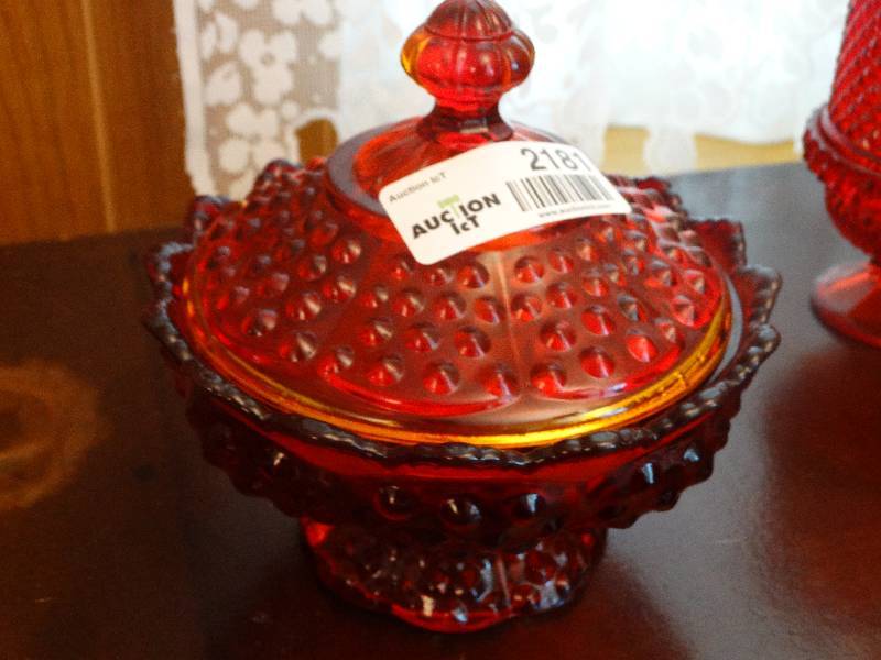lot 2181 image: Ruby Red Amberina Hobnail Glass Lidded Candy DishCompote. Possibly Fenton.