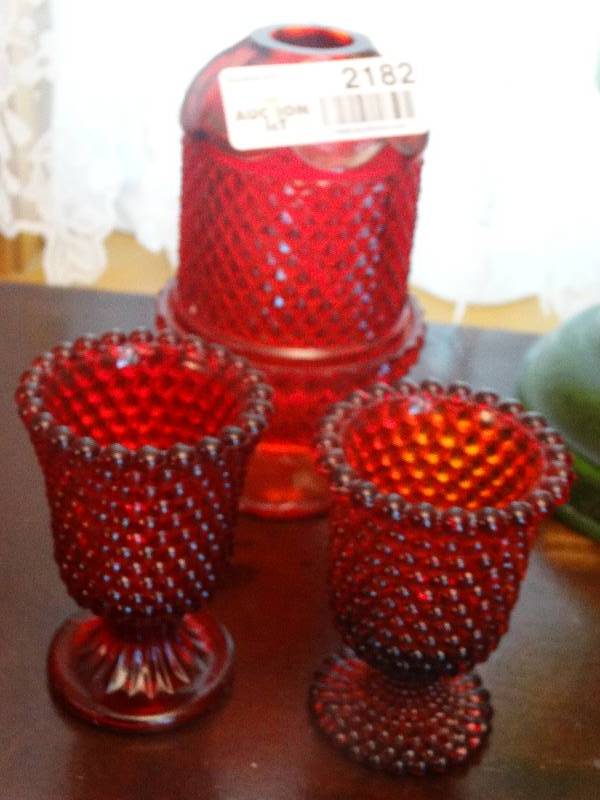 lot 2182 image: Ruby Glass - 2 Hobnail Votive Holders & Pressed Diamond Fairy Lamp.