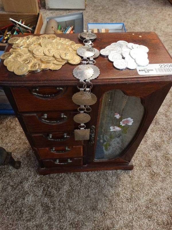 lot 2206 image: Wood Jewelry Case wContents, Metal Belt, & Coin decor.