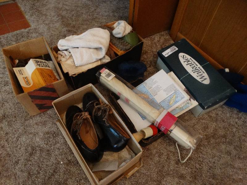 lot 2209 image: Vintage Shoes, Shoe Shine Supplies, Umbrella, Box of Gloves.