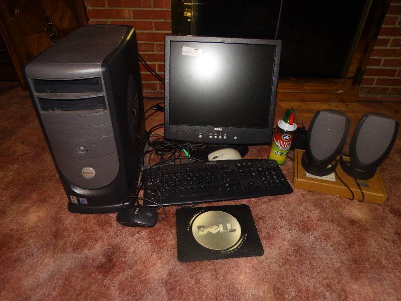 lot 2237 image: Dell Computer System. Tower, Keyboard, Mouse, Monitor, Speakers & Mouse Pad.  Can of Spray Air Cleaner, and Box wSoftware.