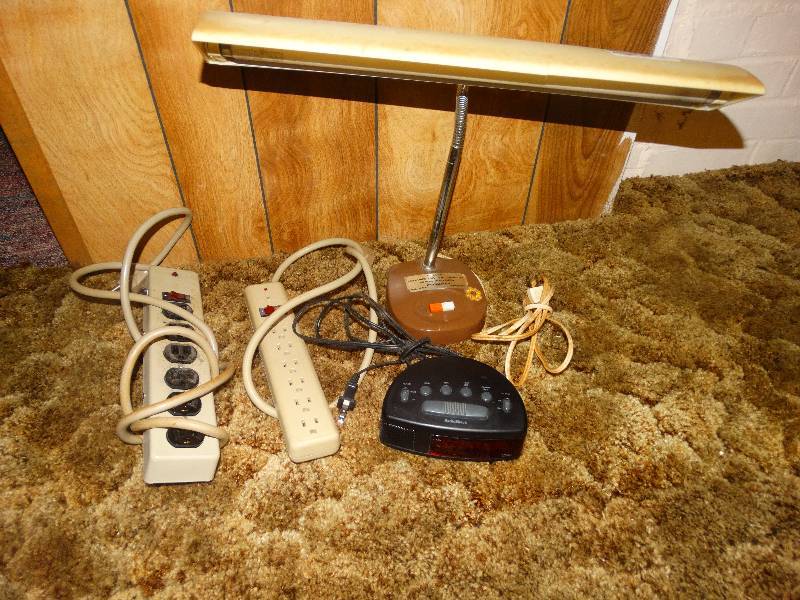 lot 2240 image: 2 Power Strips, Desk Lamp, Clock Radio.