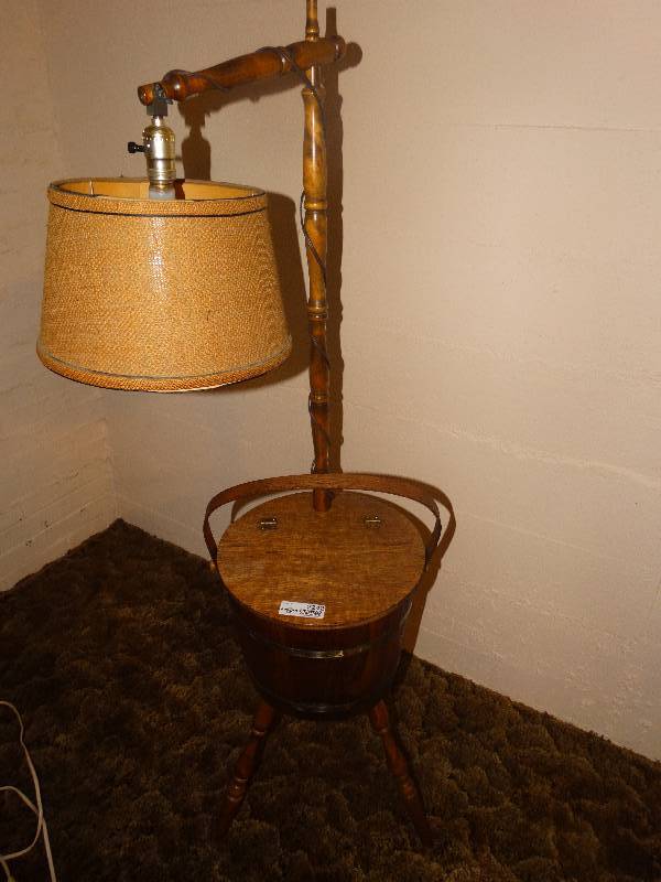 lot 2242 image: Vintage Wood Bucket End Table Lamp wStorage.