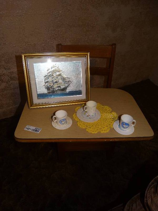 lot 2247 image: Old School Desk, Ship Print, & Play Tea Set.