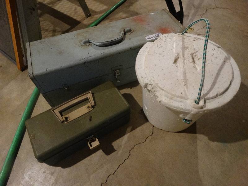 lot 2257 image: Large & Small Tackle Boxes WContents & Minnow Bucket.