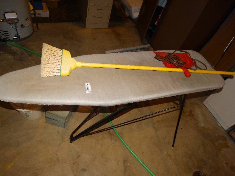 lot 2258 image: Ironing Board, Broom, Dust Pan, Extension Cord.