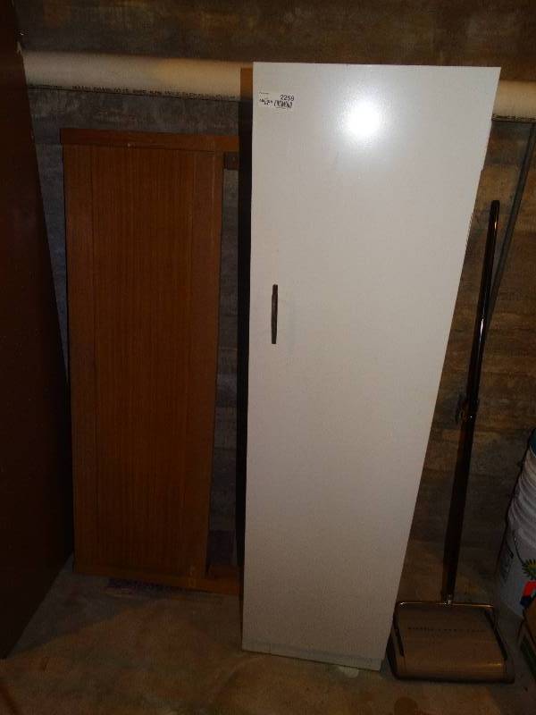 lot 2259 image: Metal Storage Cabinet wContents, Wood Footboard & Bissell Sweep Easy.