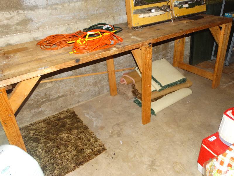 lot 2264 image: Large Wood Work Bench & Carpet Remnants - Contents on Top NOT Included.