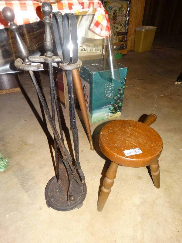 lot 2270 image: Black Iron Fireplace Set & Wood Stool.