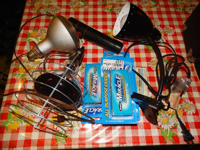 lot 2271 image: Sun Lamp & Extra Bulb, Clamp Lamp, Flashlight, & Lot of All Purpose Erasers.