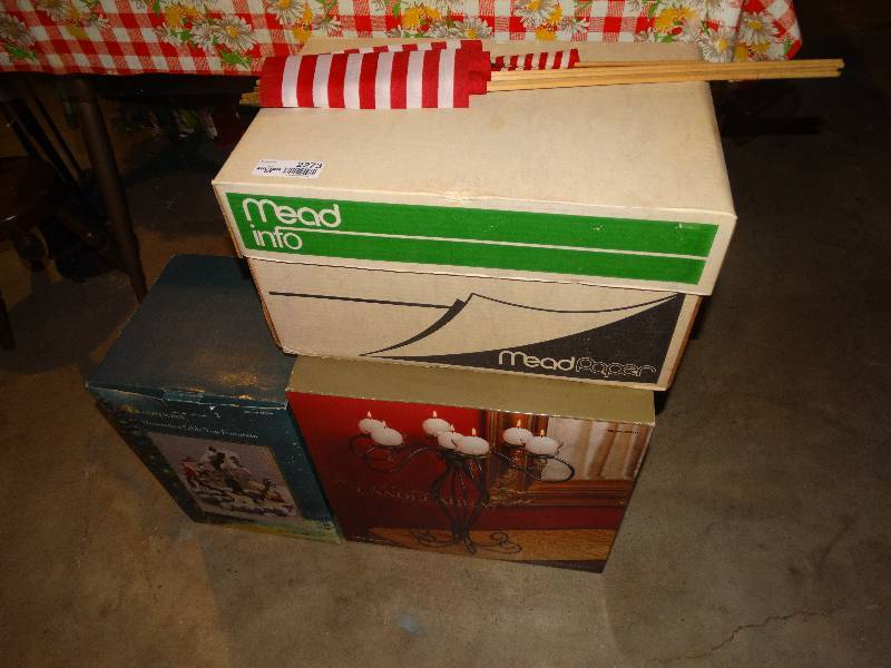 lot 2273 image: Halloween & Christmas Decor, Candle Stand, & U.S. Flags.