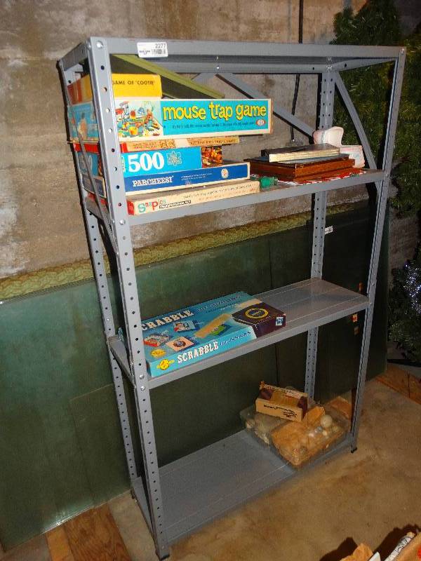 lot 2277 image: Metal Shelf unit wBoard Games, Frames, Decor.