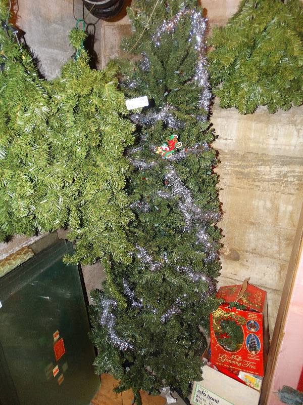 lot 2279 image: 2 Slim Christmas Trees - 1 is Prelit, Magic Growing Tree, & Box of decorations, Extension Cord.