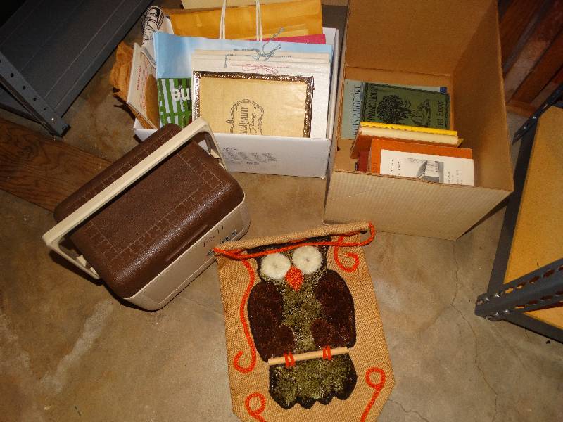 lot 2281 image: Box of Vintage Books, 6pk Cooler, Wall Decor, Frame, Vintage Baby Books.