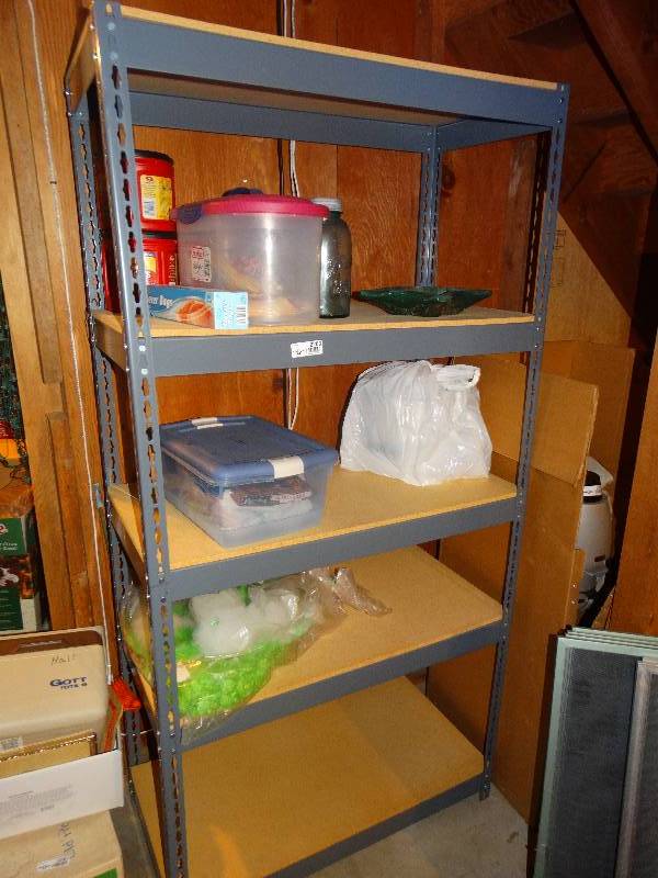 lot 2283 image: Metal 5 Shelf Unit & Contents. Coffee, Small Tubs, St. Patricks Day Decor, & Vintage ashtray.