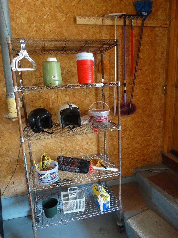 lot 2287 image: Metal Rack on Wheels, All Contents, and Brooms, etc. on Wall Rack.