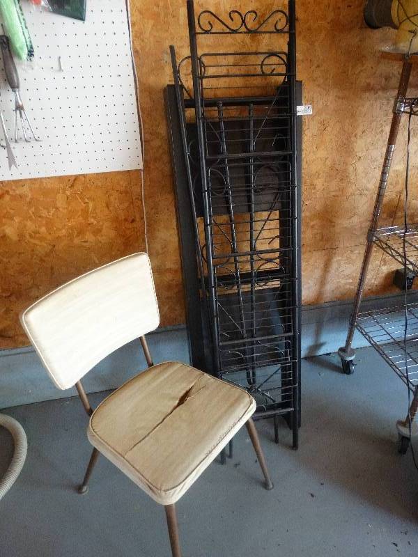 lot 2288 image: Vintage Dining Chair & Black Metal ShelfStand.