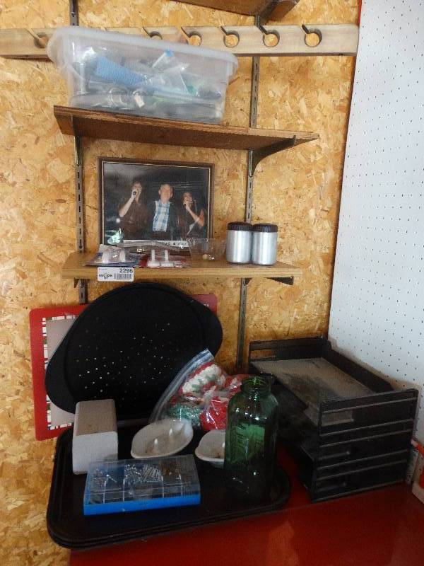 lot 2296 image: Trays, Desk Tray, NailsScrews, Lot of Doilies, Hooks, Tub of repair parts, wood cap rack.