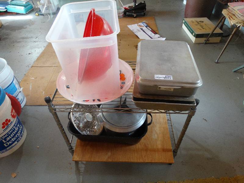lot 2301 image: Small Metal Shelf Stand & Lot of CookwareBakeware & plywood Square.
