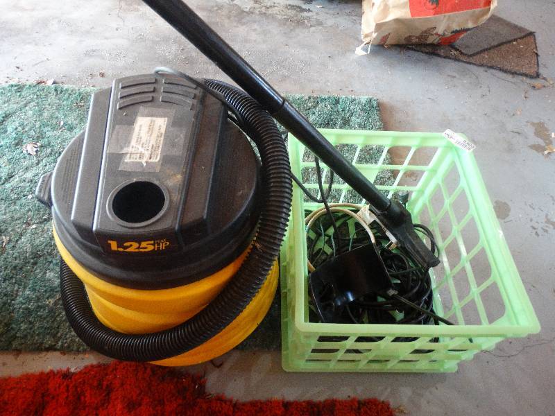 lot 2303 image: Shop Vac wattachments & Plastic Crate wmisc. Extension Cords.