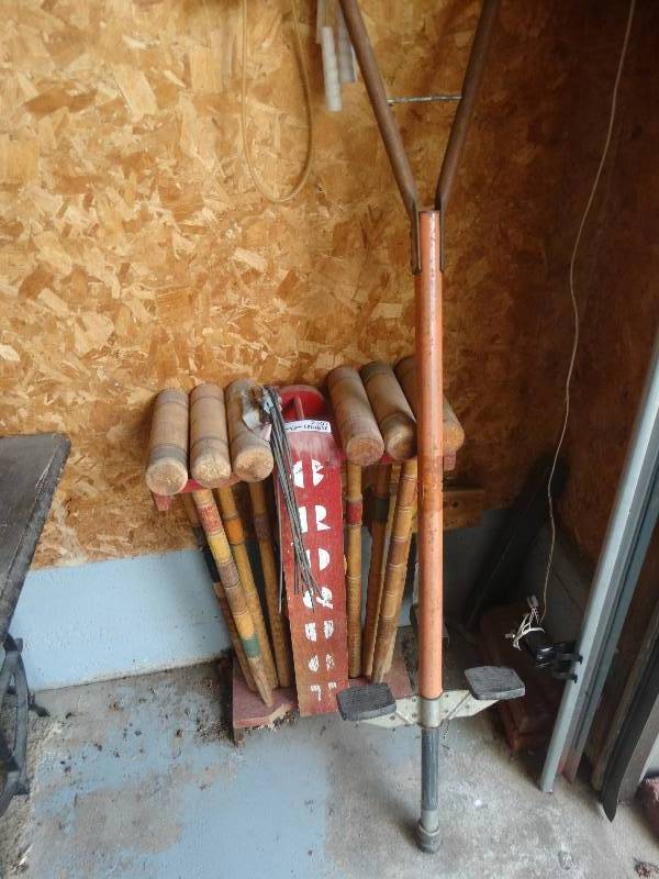 lot 2307 image: Old Wood Croquet Set & Vintage Pogo Stick, Jump Ropes.