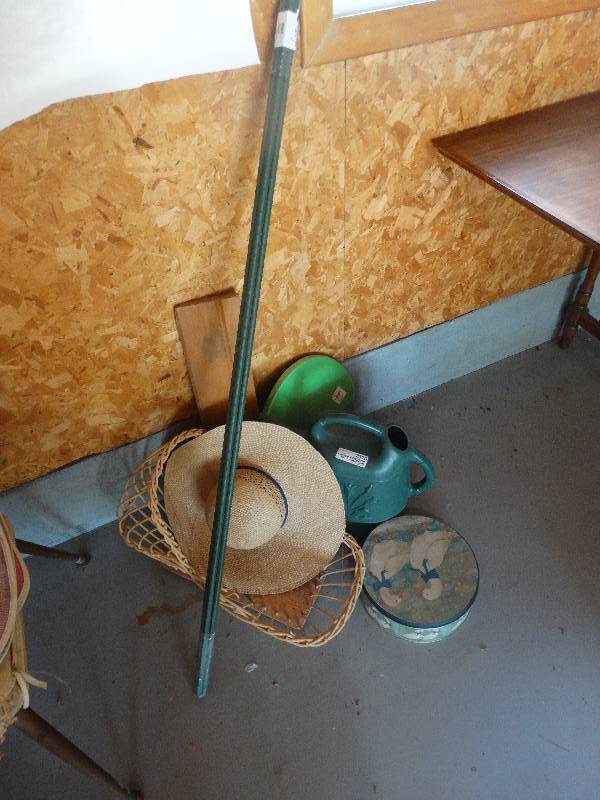 lot 2310 image: Garden Stakes, Sun hat, Basket, Duck Tin, Garden Knee Pad, Watering Can.