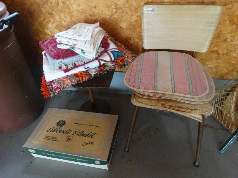 lot 2311 image: Dining Chair, Chair Cushions, Electric Blanket, Rugs, Towels, Small Side Table.