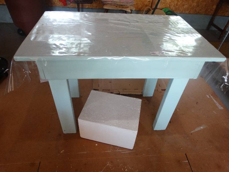 lot 2312 image: Small Wood Table, Plastic Cover, Wood Block Step.