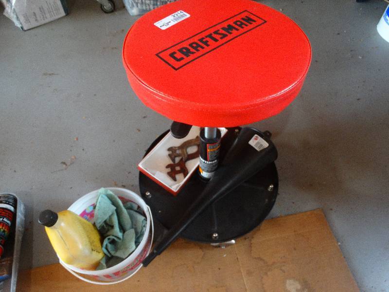 lot 2314 image: Craftsman Adjustable Shop Stool, Funnel, Vintage Wrenches, Shop towels & oil.